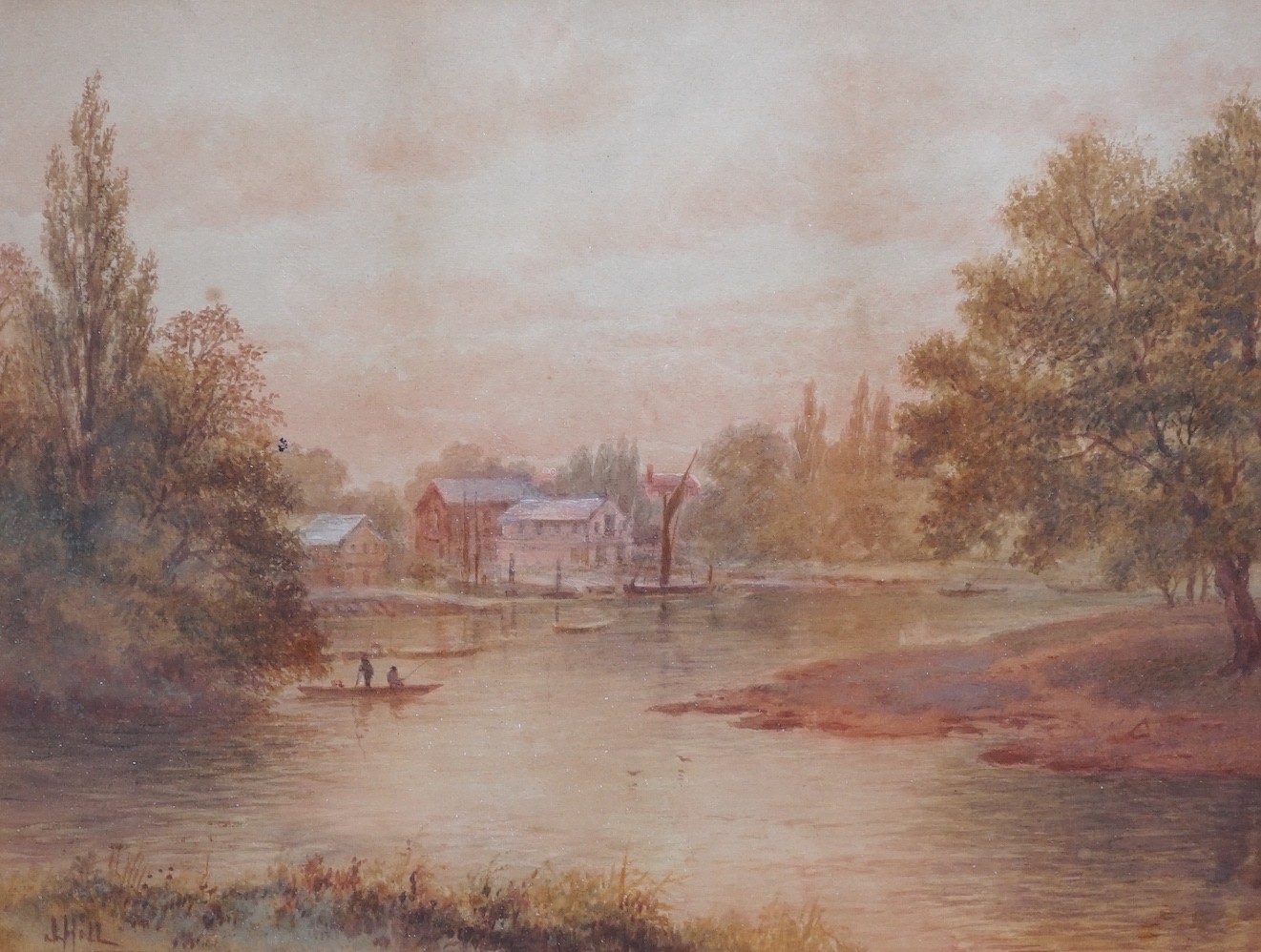 English School, watercolour, River landscape, 30 x 45cm and an earlier watercolour signed J, Hill, 25 x 34cm